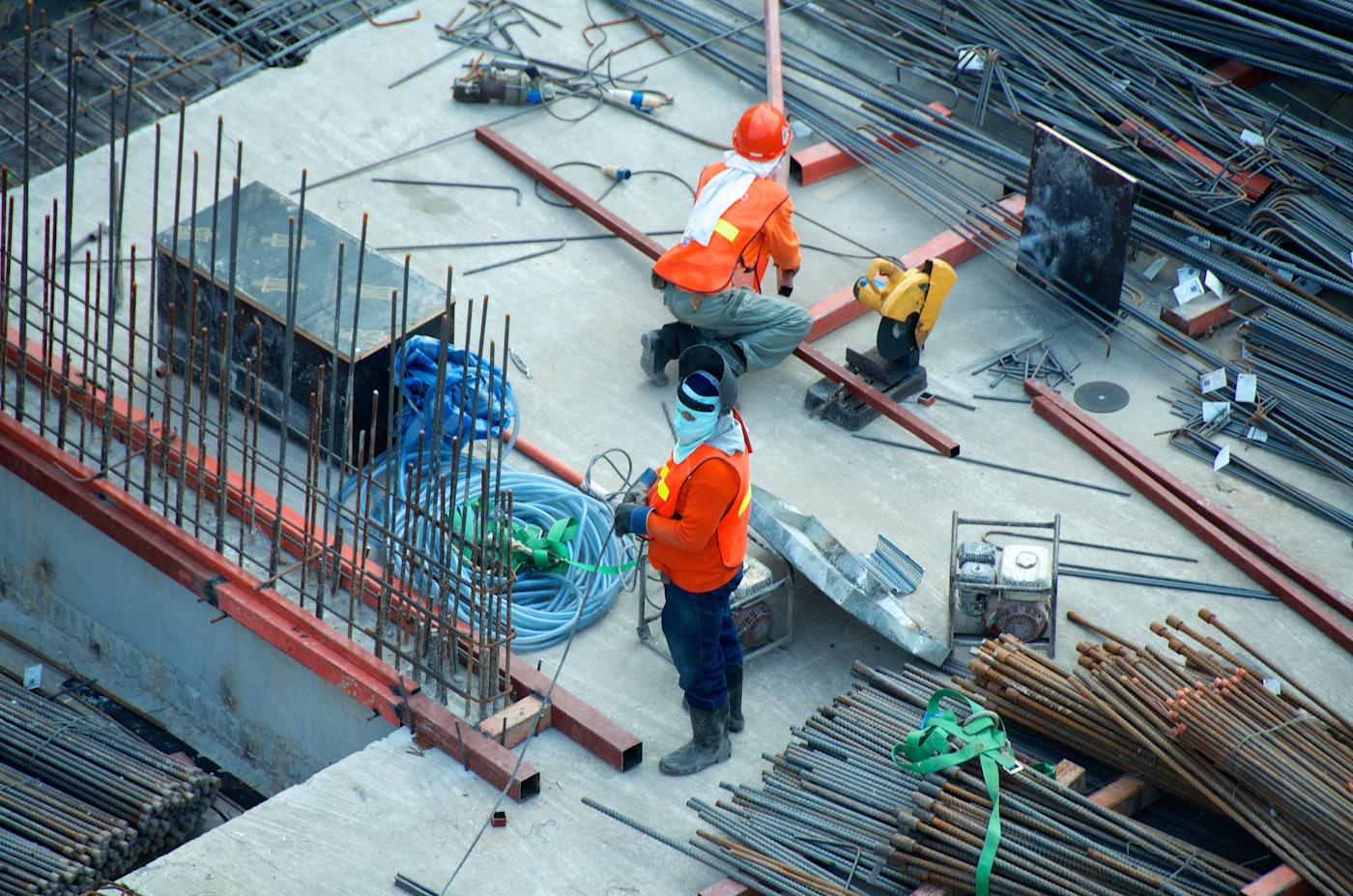 Rebar and formwork on a commercial concrete pour, viewed from above
