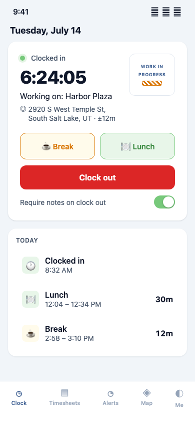 Klees app: Crews clock in from any device.