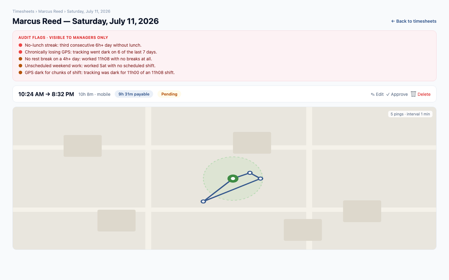 Klees day details showing hours and GPS route