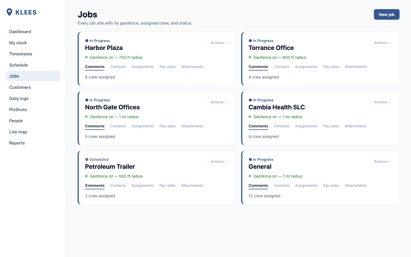 Klees app: Set up jobs and geofences.