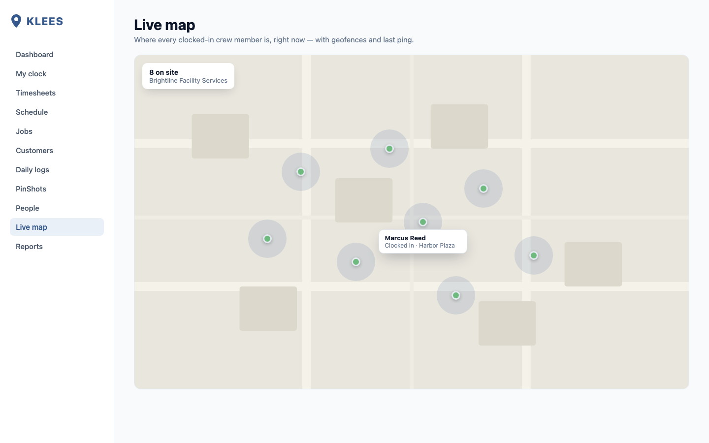 Klees live map showing crew locations