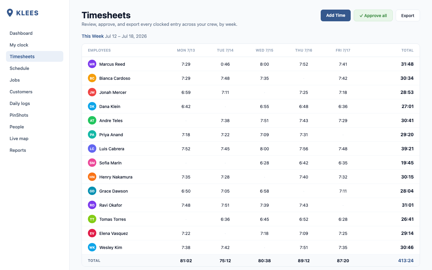 Klees app: Export to payroll. Done.